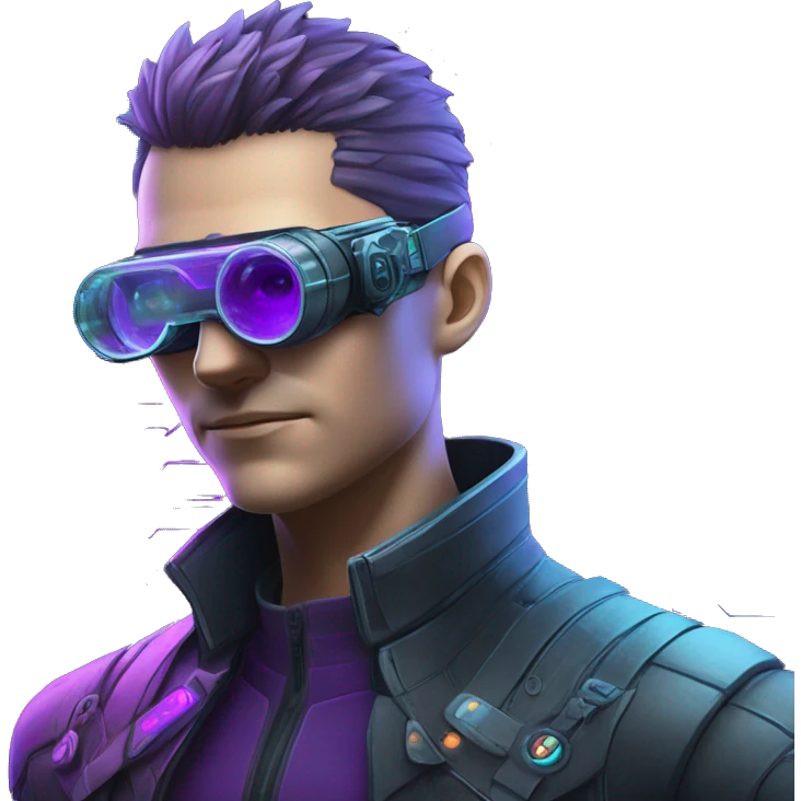 Secret human agent with  cyberpunk elements with a spyglass scanning looking reviewing multicolor lines of code, cyan and purple colors, only upper body portrait emoji