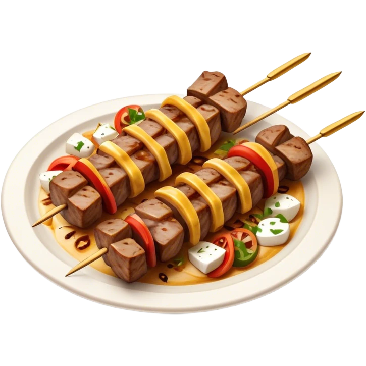 Cinematic Realistic Souvlaki Dish Emoji, showcasing skewered, grilled meat with Mediterranean spices rendered with dynamic textures and warm, appetizing lighting. emoji