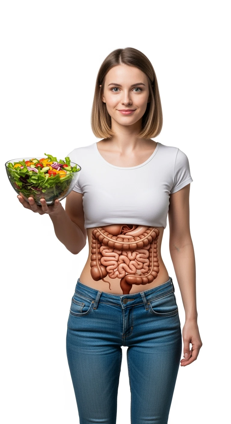 DONNA CON INTESTINO ANATOMICO IN EVIDENZA E BOWL DI INSALATA IN MANO, iperrealistico 4k, ISOLATA SU SFONDO BIANCO emoji