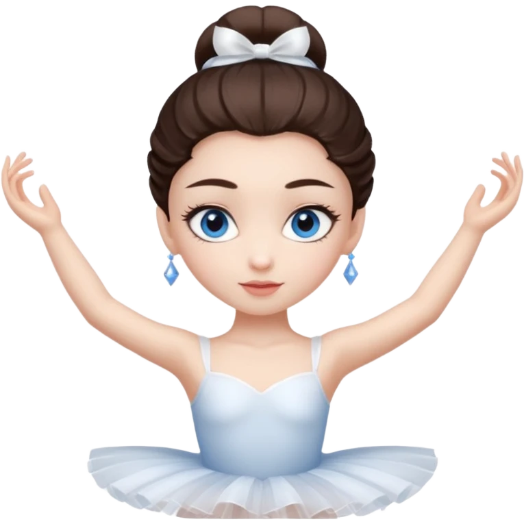 Realistic Ballerina Portrait, with porcelain-like skin featuring a natural rosy flush, illuminated by soft lighting that highlights the gentle contours of her face. Her Brunette hair flows in soft, Her deep blue eyes radiate warmth and innocence, framed by arched brows and long lashes. emoji