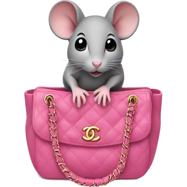 Grey mouse is sitting in a pink chanel bag emoji