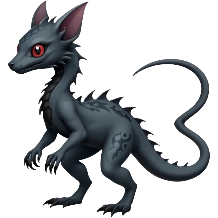 Futuristic Black Dark Abyssal Ethereal Modern Amaura-Salandit-Bayleaf-Abyss-Lykoi-Fakémon-creature-hybrid Full Body emoji