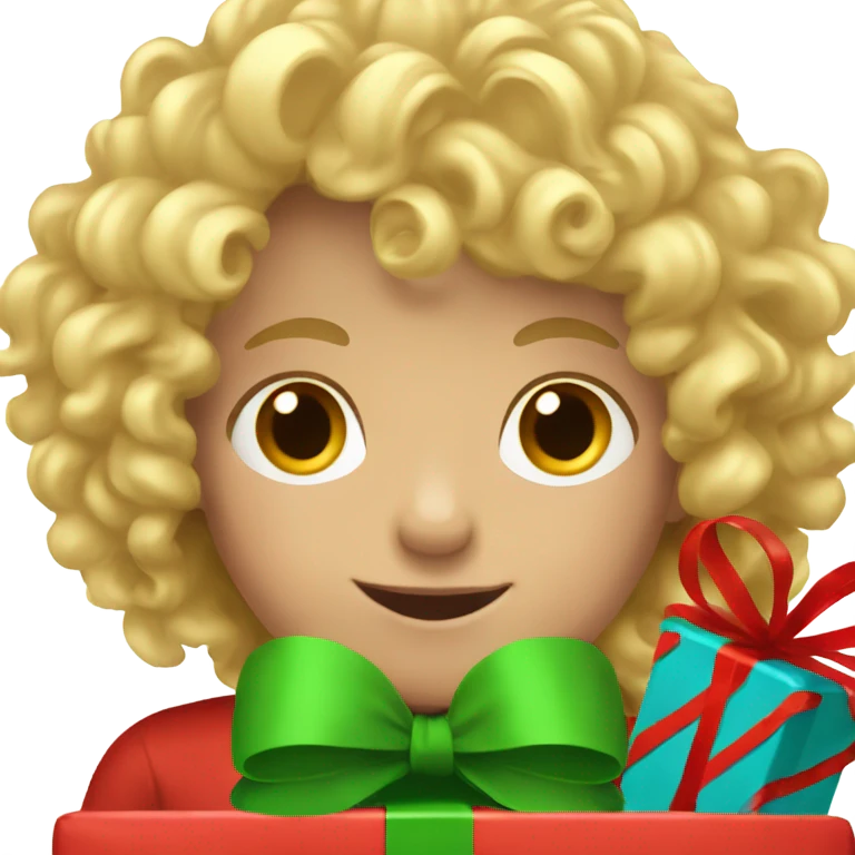 A little boy with long and blond curly hair and Christmas presents emoji