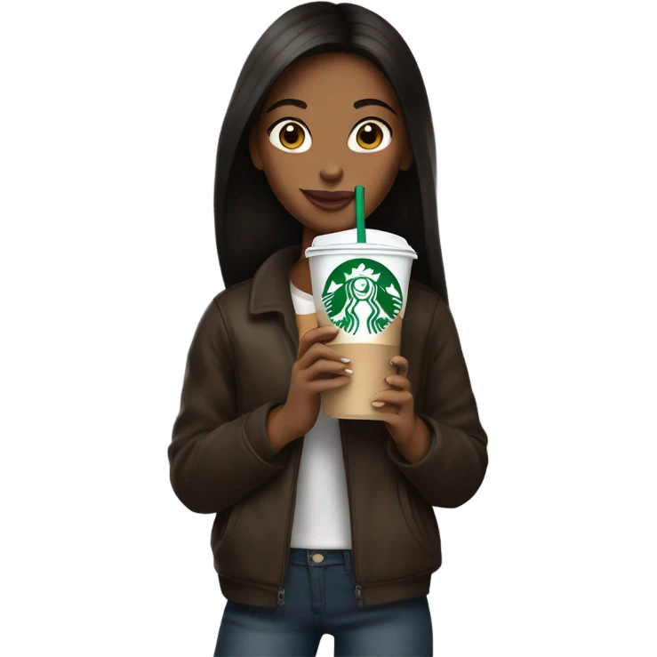 a girl with dark brownstraight hair and starbucks but style y2k emoji