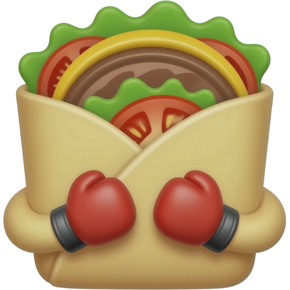 Doner kebab emoji in an open flatbread (not wrapped like a dürüm), visible filling with layered meat slices, lettuce, tomato and sauce, bread folded but open at the top, small boxing gloves, no arms or legs, clean glossy emoji style emoji