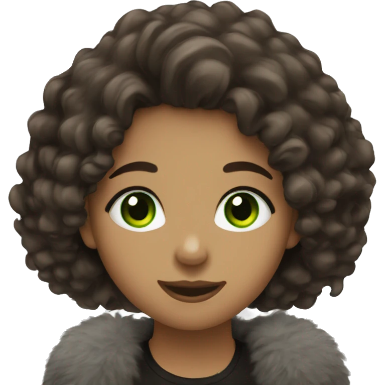 a girl with dark brown fluffy hair, green eyes, long lashes and braces emoji