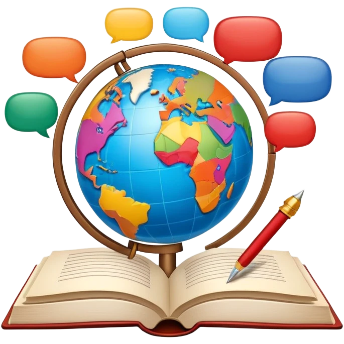 An icon showing a globe surrounded by speech bubbles with greetings in different languages, like 'Hello,' 'Hola,' and 'Bonjour.' The design includes an open book and a quill, symbolizing learning and communication. Transparent background emphasizes global connection through language. emoji