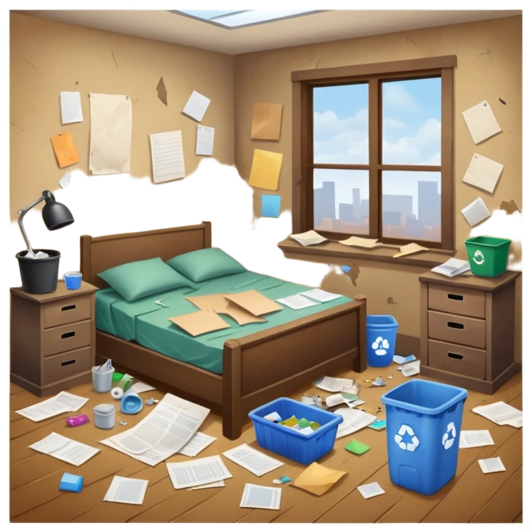 dirty room with papers and trash emoji