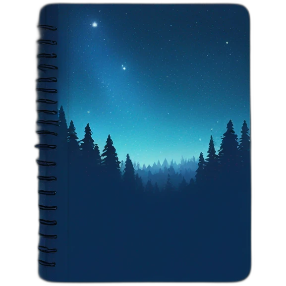 blue journal with cover picturing night sky in forest emoji
