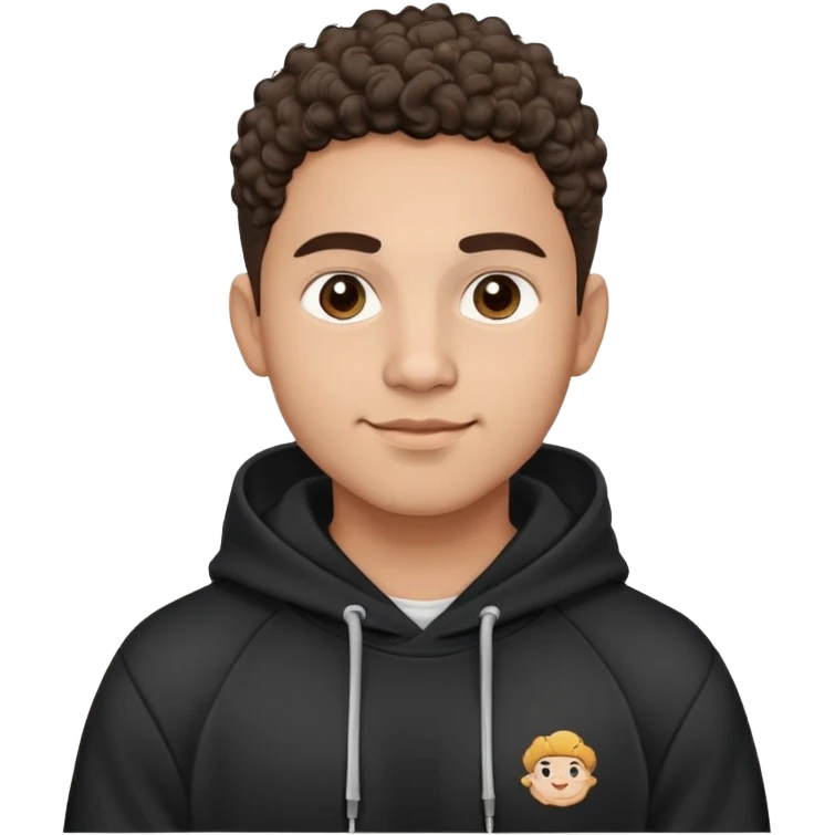 Latino man with light brown warm skin, round face, full cheeks, soft jaw, slight friendly smile, very short fade haircut, curly on top, medium eyebrows, medium eyes, straight nose, medium lips, black hoodie with white logo, practical and hardworking vibe emoji