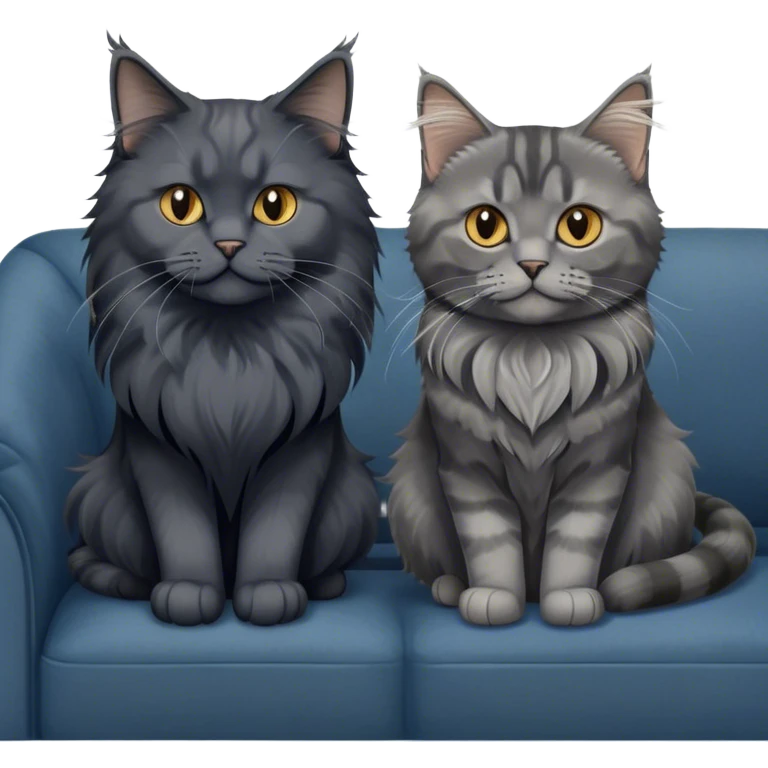 Portrait of a black smoke Maine Coon cat with long grey ear tufts, alongside a British Shorthair cat with a solid blue coat on sofa. Both cats with detailed fur textures and playful expressions. Soft, elegant background of room with warm, natural tones. Transparent background. emoji