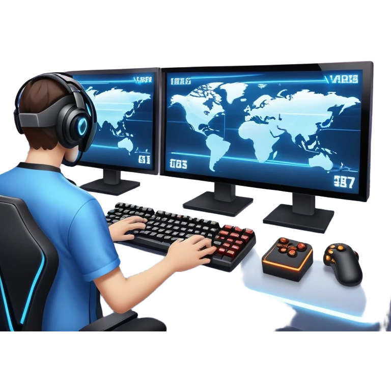 An icon featuring a gaming monitor displaying an intense esports competition, with players' hands on controllers and keyboards. A digital scoreboard and glowing energy lines surround the scene, symbolizing the excitement of competitive gaming. Transparent background highlights the world of esports. emoji