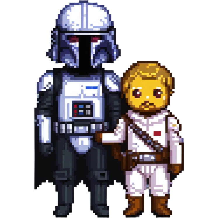 Neger meeting Ryan Gosling in a Star Wars costume with simple background in pixel art style emoji