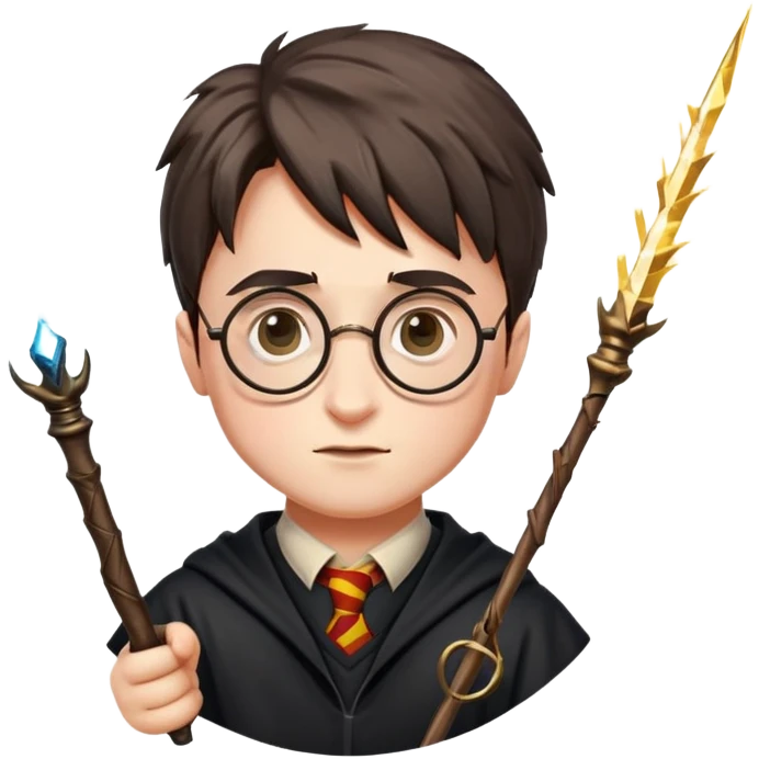 Harry Potter with round glasses, lightning scar, and wand emoji