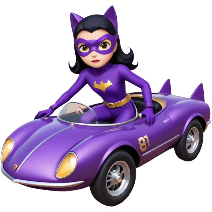  proportionally correct, real-appearance racing adult BatGirl’s feminine midnight-purple tight outfit sixty’s tv show 2032 stealth retro cat burglar sporty petite off-road pursuit floating black hover car with rose gold accents (black hair,reclined and relaxed seating position and attitude) emoji