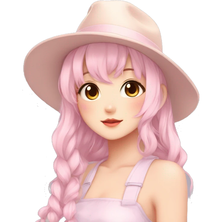 Gorgeous pastel anime girl with blushing face and hair garnitures and pretty hair and a hat aesthetic trending style emoji