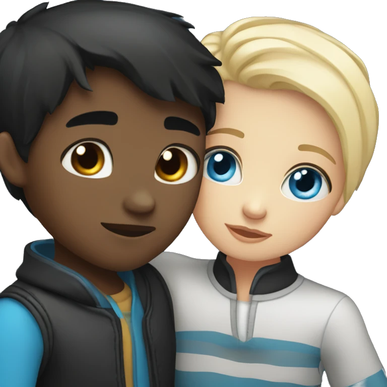 black hair girl with blue eyes kiss and hug boy with blonde hair and black eyes emoji
