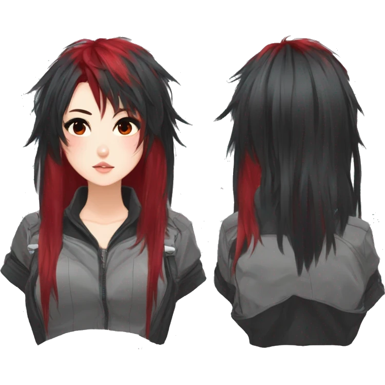 Gorgeous anime style tomboy-lady with blushing face aesthetic and pretty edgy black red punk hair with hair garment trending style emoji