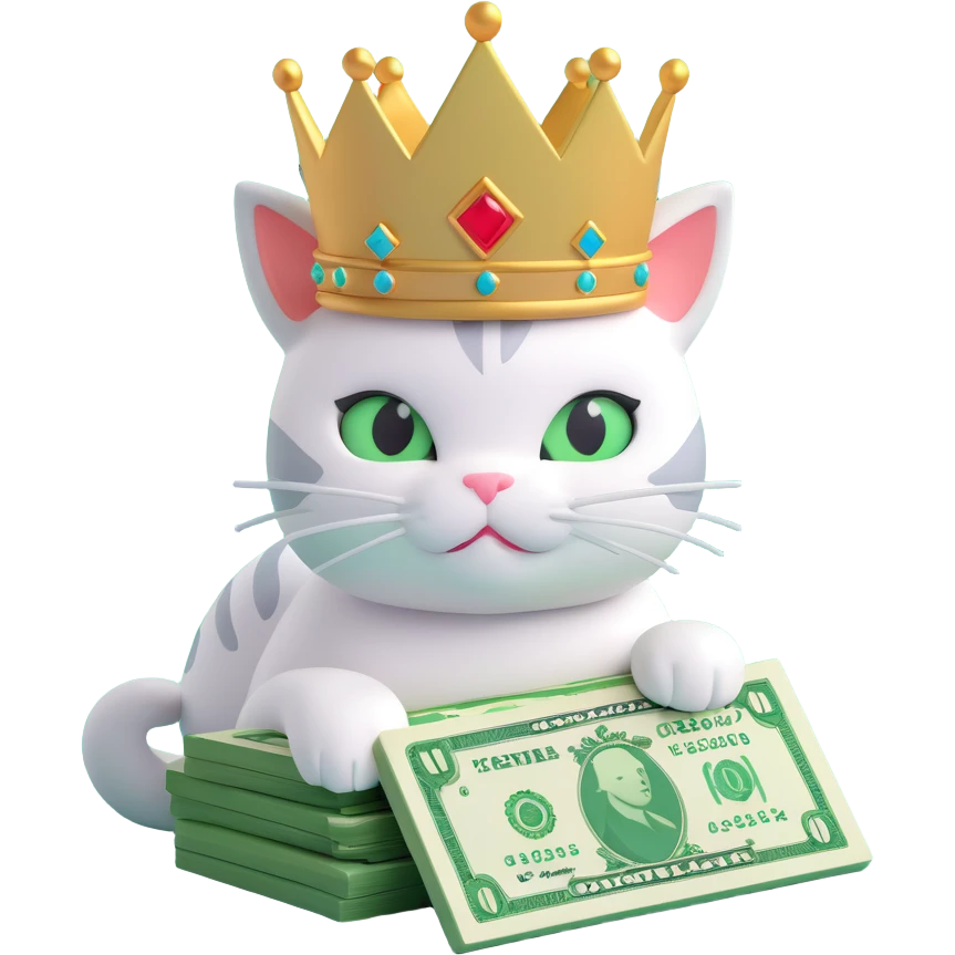 a very cute cat with a crown lying on greenish light green money emoji