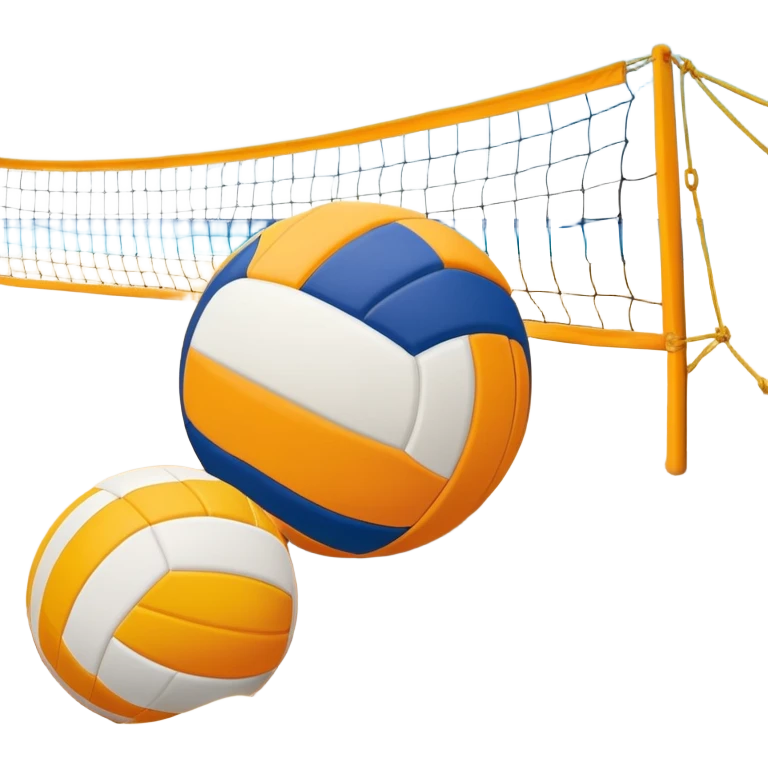 A volleyball resting on the yellow sand on a beach, with the net in the background and a scenic view of the ocean and sky. The scene captures the relaxed yet competitive vibe of beach volleyball, with warm sunlight and the natural beauty of the beach. emoji