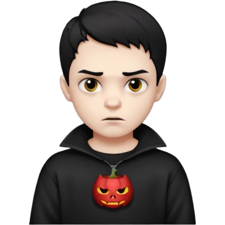 Vampire boy with the short black hair, pale-white skin, black eyes, little fangs and dark circles under his eyes. He has serious face and he wear a black oversize sweatshot emoji