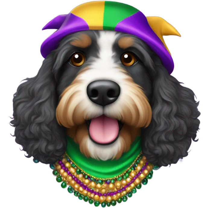 Bernedoodle dressed for Mardi Gras emoji
