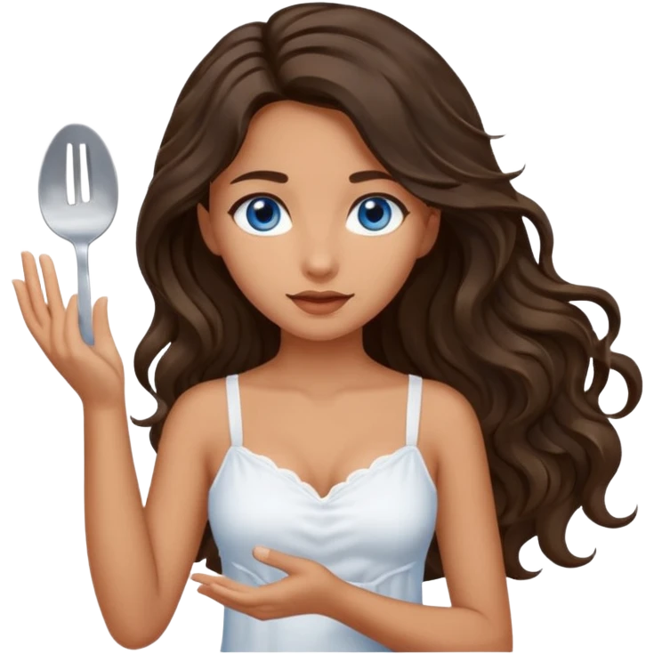 Girl with olive skin, blue eyes, brown dark insanely wavy long hair, white camisole, left hand palm up server style emoji