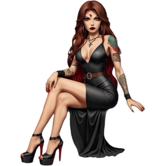 Lilith symbol red eye seductress evil long brown haired sexy succubus woman with leather long dress with slit, sitting in Big Large F350 pickup truck. Black Platform high heels on feet. Tattoo sleeve arms, seat full of stacks of cash, and a man dead human skull of her enemies and a gun in other hand emoji