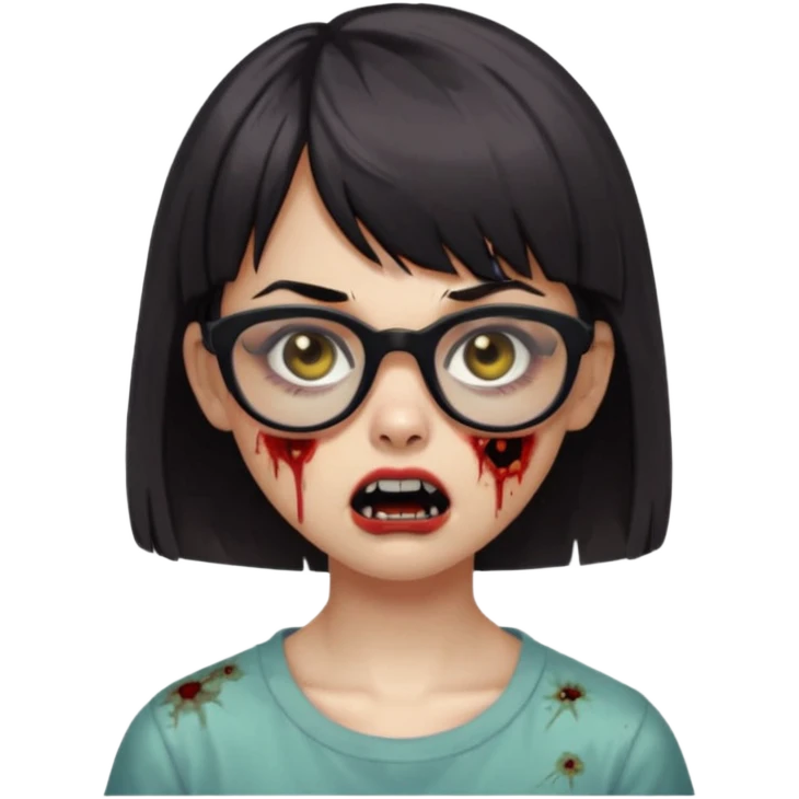 faça uma menina zumbi,com o cabelo curto,até o pescoço,franja,óculos pretos médios,olhos escuros,boca meio aberta e alguns machucados pelo rosto emoji