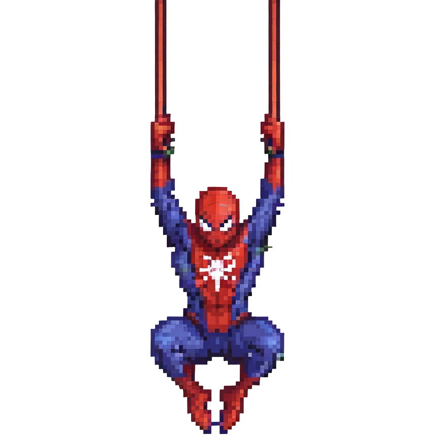 pixel art Spider-Man swinging on a web emoji