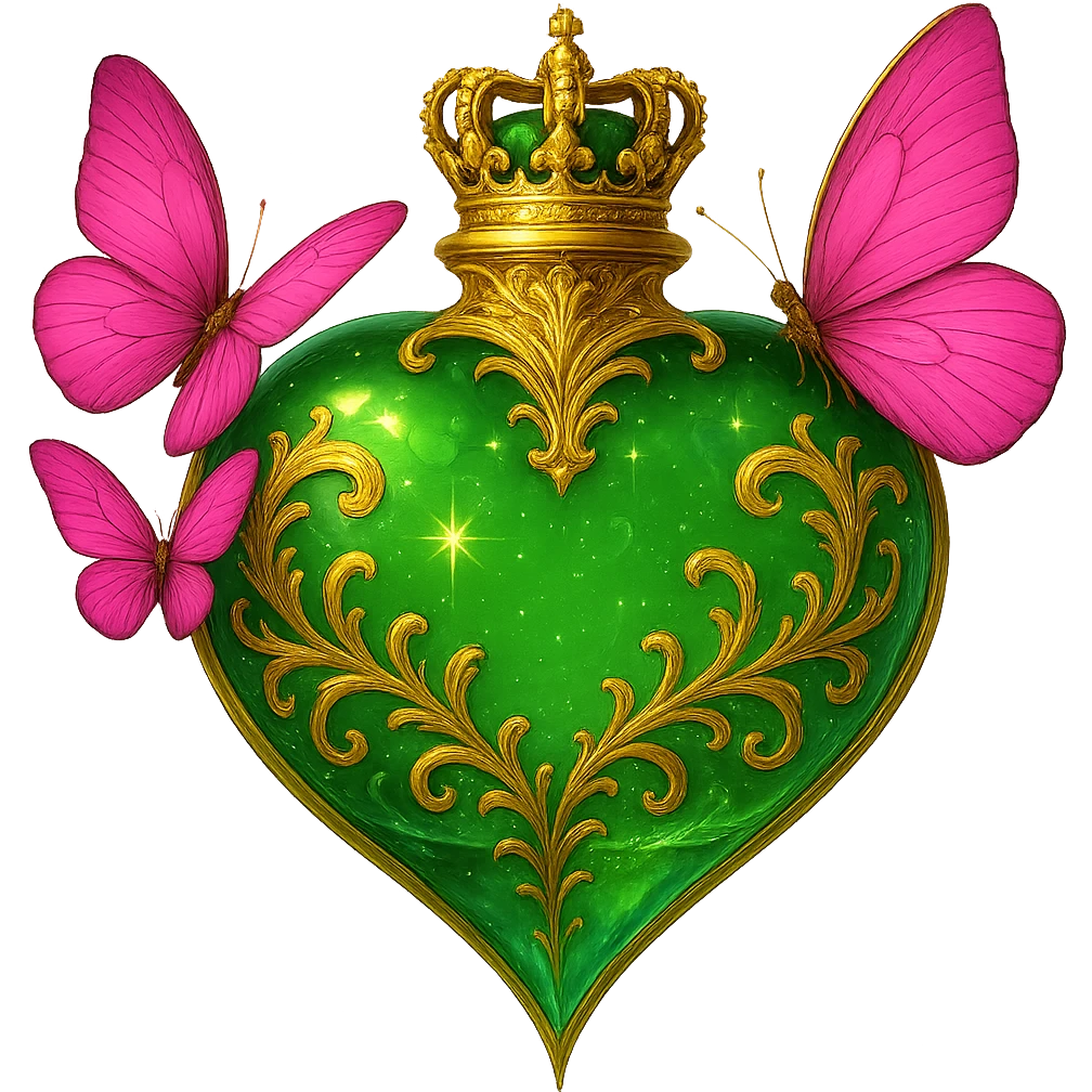 Edit the image of a crystal green heart-shaped bottle with golden details and pink butterflies attached. Add a small crown on top of the bottle as the stopper. Keep the bottle transparent with a beautiful merging bottom and make it appear floating in the air. The design should be elegant, bright, with crystal effects and glowing highlights. Maintain a transparent background with no base or shadow. emoji