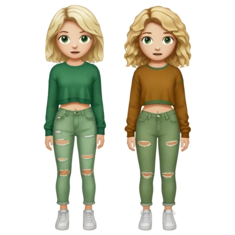 Two girls, both white, one with short wavy blonde hair and green eyes, dressed in punk Y2K fashion and the other with long wavy brown hair, brown eyes, freckles; and cozy green clothes  emoji