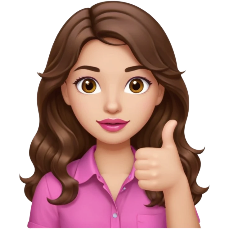 girl with long wavy brown hair, brown eyes, light to medium complexion, in a pink shirt, pink lips, long lashes, puckered lips, thumbs up emoji