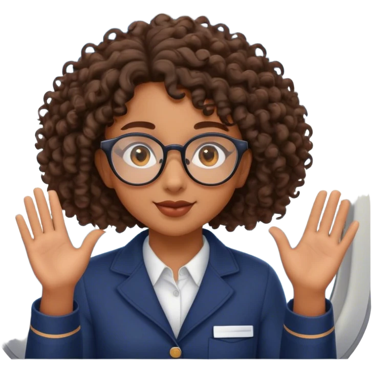 Étudiante de 20 ans noire métissée avec les cheveux bouclés, le visage ovale et des lunettes semi rondes et les yeux en amande qui fait coucou par le hublot d'un avion  emoji