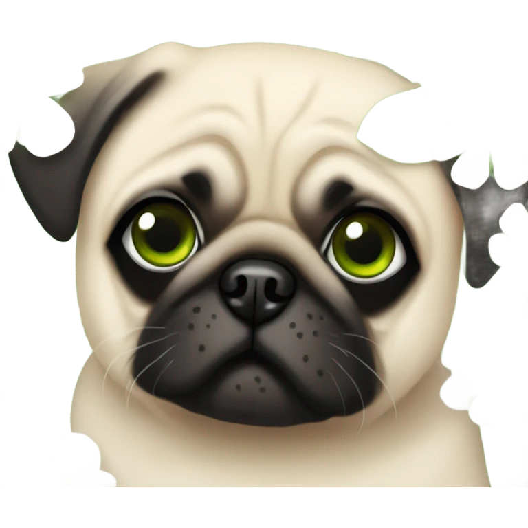 Cute Baby pug with big green eyes hiding in flowers  emoji