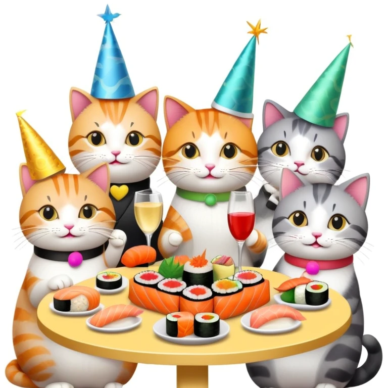 Cats celebrating with sushi at a birthday party emoji