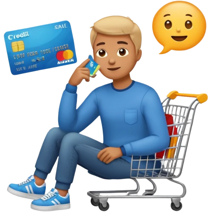 Emoji-style illustration of a person holding a credit card, hand on chin thinking. A thought bubble above the head showing clothes, sneakers, and a shopping cart, representing deciding whether to spend money. Clean, modern emoji style, bright colors, white or transparent background. emoji