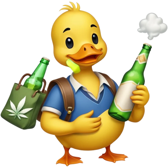 Drunk and high duck animal holding beed bottle and a bag of weed emoji