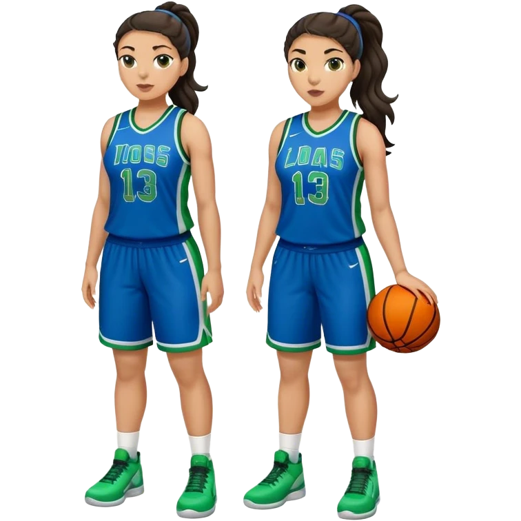 full body plus size light skin latino women basketball player with wavy dark hair in pony tail wide nose wearing blue uniform with green accent emoji
