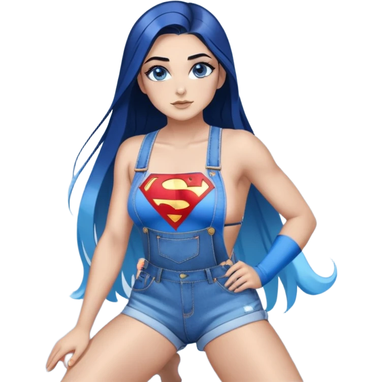 very very very large upper body-gorgeous face-on knees-very long very straight flowing dark blue to light blue hair ombre-and-blue eyes-black eyeliner-long eyelashes-irridescent small bikini top with superman logo-overalls shorts emoji