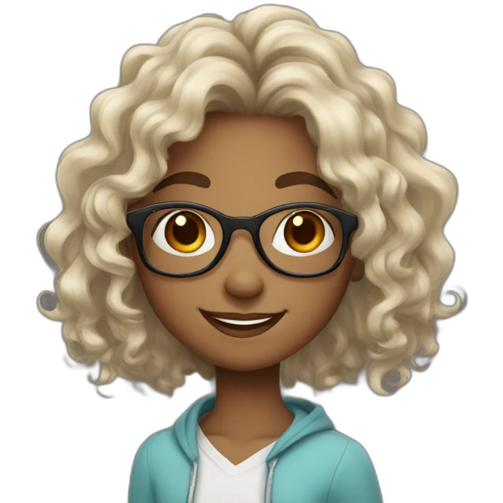 smiling black teenager girl with long black curly hair and round glasses emoji