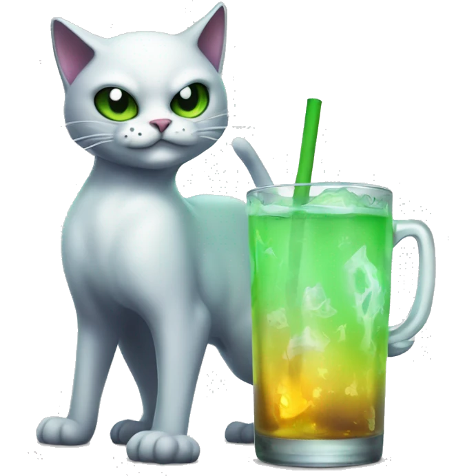 Tagged emoji cat, ghost cat, with a glass of sprite in hand, zombie cat, ghostly atmosphere emoji