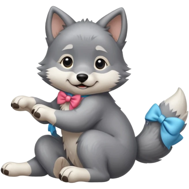 an animated gif sticker emote of a wolf puppy in a play bow wagging its tail in a smooth, natural arc over its back emoji
