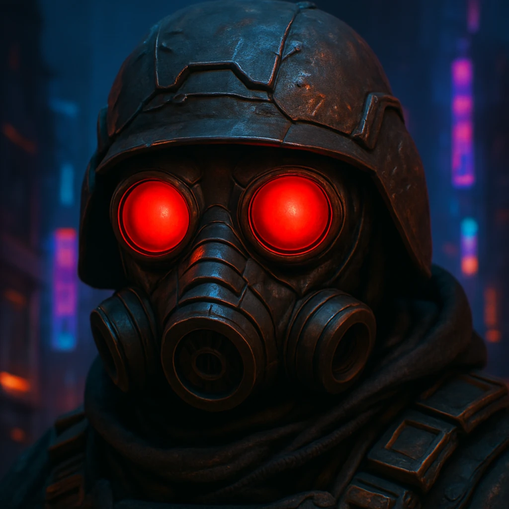 Add a helmet and zoom in on the face of the post apocalyptic soldier wearing a gas mask with red eyes, keep the gritty style, detailed and intense atmosphere. emoji