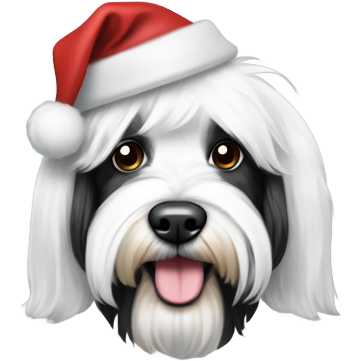 A black and white Tibetan terrier dog wearing a santa hat emoji