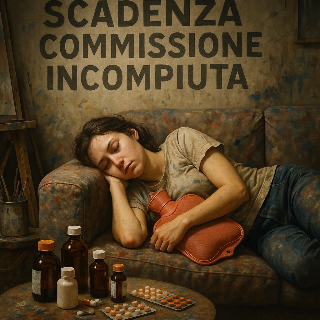 Young female artist asleep on a paint-stained sofa, above her the Italian text 'Scadenza commissione incompiuta', medicine bottles and hot water bottle arranged like war supplies, creative and chaotic atmosphere, hyperrealism 4K, visible tiredness, Italian text in the image. emoji
