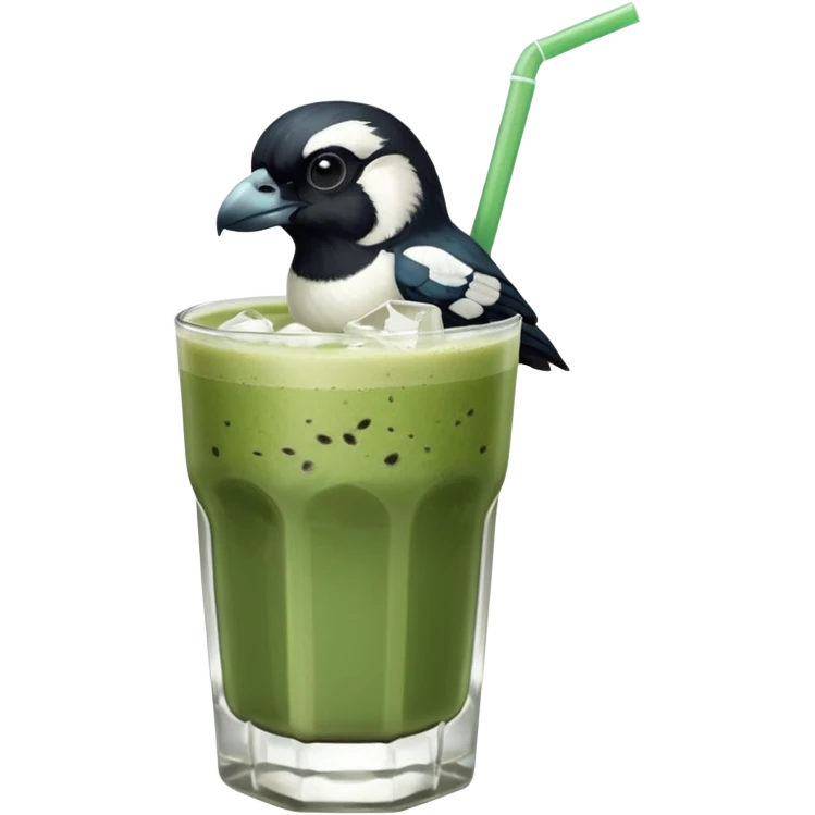 It’s an Australien Magpie sitting on an iced matcha latte on the edge of the glass. It has green matcha on its beak indicating it drank. The iced matxha latte is in a see through glass and white from the oat milk on the bottom and green on top…and there is a straw in the drink and ice cubes emoji