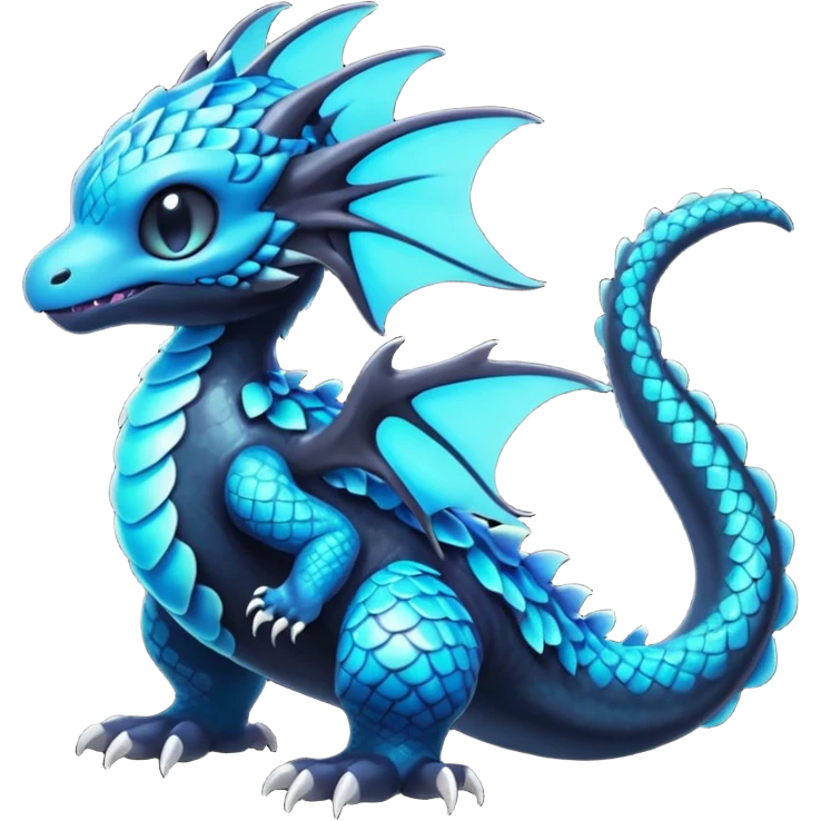 Multicolored dark shiny bioluminescent glowing black and cyan and blue gloomy spooky cute adorable scales-covered pretty cool elegant realistic abyssal exotic Fakémon-Pokémon-Digimon-Trico, full body emoji