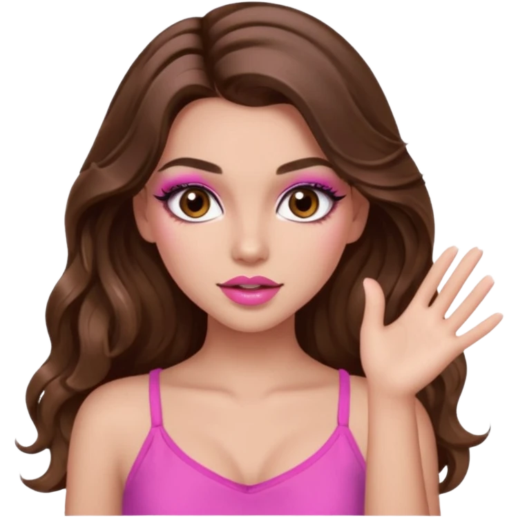 girl with long wavy brown hair, brown eyes, long lashes makeup, sexy pink lips, light to medium complexion, pink sexy top,slapping emoji