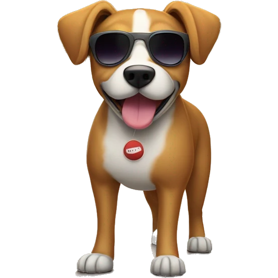 dog standing on a road with sunset in the back and with sunglasses and tenis ball in the mouth emoji